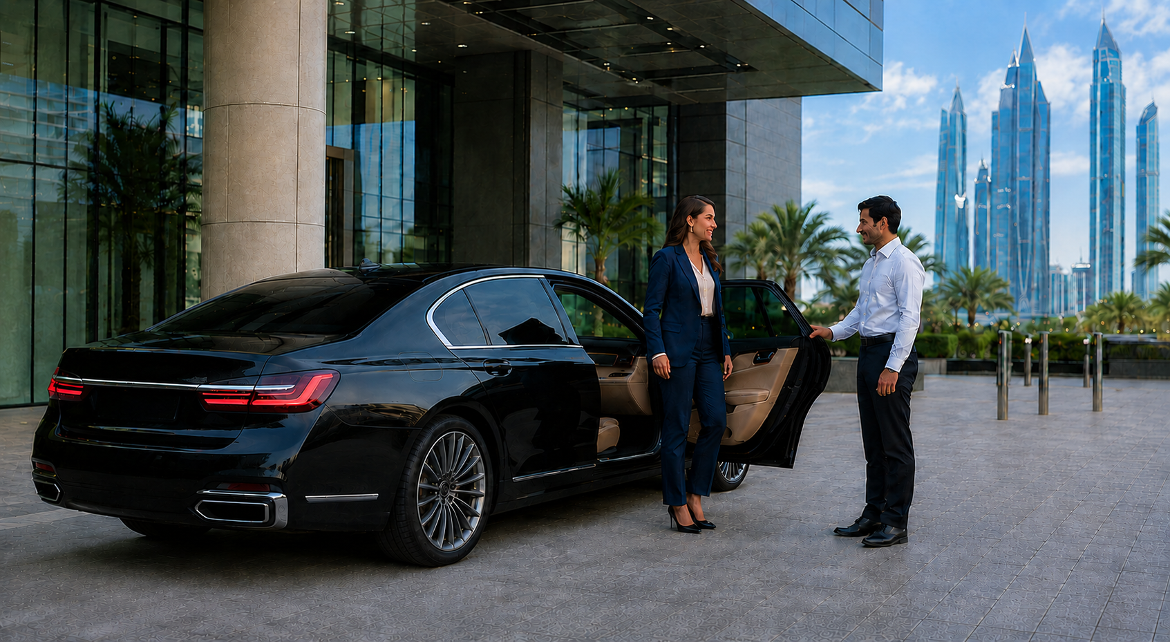 Business traveller welcomed by a professional chauffeur beside a luxury car at a Dubai hotel